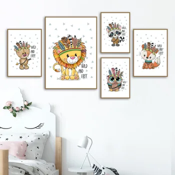 Aslan Ayı Baykuş Tilki Tüyü duvar sanatı tuval yağlıboya İskandinav Posterler Ve Baskılar Hayvanlar Duvar Resimleri Erkek Kız Bebek Çocuk Odası dekor