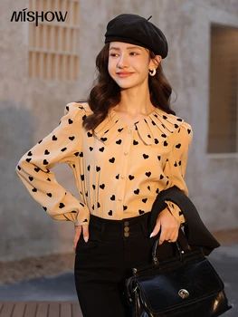 MİSHOW Polka Dot Bluzlar Kadınlar 2022 Sonbahar Fransız Katı Tek göğüslü Yelek Ceket Bebek Yaka Uzun Kollu Gömlek MXB37C0637