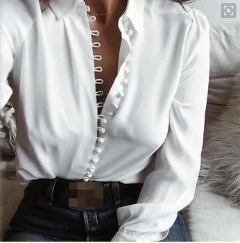 Kadın Bluz Yaka Gömlek İlkbahar Sonbahar Kadın Giyim Katı Düğmeler Uzun Kollu Hırka Üstleri Bayanlar OL Beyaz Ofis Blusas