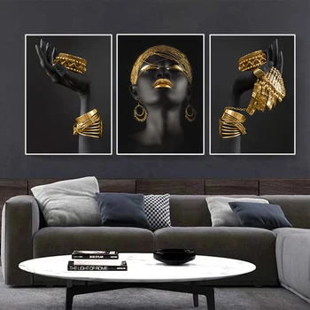 Afrikalı Kadın Duvar Sanatı Boyama Sanat Posterleri Ve Baskılar Büyük Siyah Kadın Holding Altın Takı Tuval Resim Ev Dekorasyon Hediye