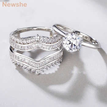 Newshe 925 Ayar Gümüş Yuvarlak Solitaire Nişan Yüzüğü Setleri Artırıcı AAAAA Kübik Zirkonya Düğün Gelin Takı Kadınlar ıçin