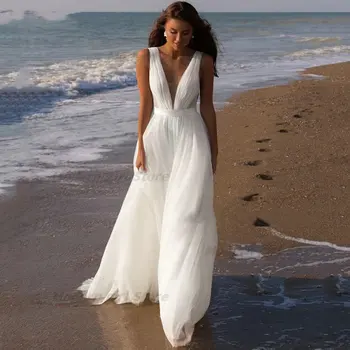 Plaj Gelin Gelinlik Kadınlar İçin Kolsuz V Yaka Boho Gelin kıyafeti Backless 2023 Flowy Gelin Elbiseler De Mariée