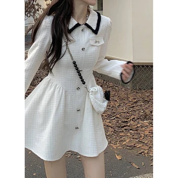 Zarif Kadın Elbise Beyaz Uzun Kollu Yeni Kore Moda Rahat Ofis Bayanlar İnce Kolej Kız Y2K Vintage Sevimli Kadın Elbiseler