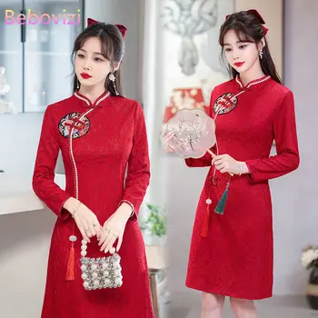 Yeni Sonbahar Vintage Dantel Cheongsam Çince Geleneksel Qipao Uzun Kollu Elbise Kadın Giyim için