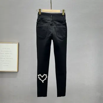 Çok Düğmeli Yüksek Bel Sıska Siyah Kot Kadınlar için 2022 Sonbahar Yeni Ins Elastik İnce Aşk Rhinestones İçi Boş kalem pantolon Mavi