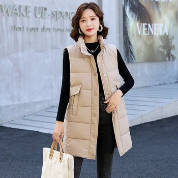 Yeni Standı Yaka Kore Moda Trendi Sıcak Aşağı Pamuk Yelek Ceket Kadın Sonbahar Ve Kış 2023 Giyim Orta Uzunlukta Yelek