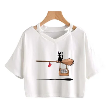 Sevimli Kedi Hizmette Değil Çizgi Roman kırpma üstleri Kadın T-shirt Punk Çizgi Film V Yaka Vintage bol tişört kız camiseta гутболка giysileri