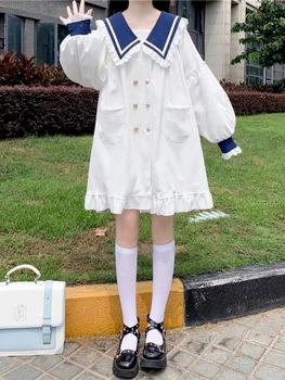 HOUZHOU Beyaz Lolita Elbise Kawaii Denizci Yaka Ruffles Patchwork Uzun Kollu Elbiseler Japon Tarzı Sevimli Tatlı Kız Streetwear