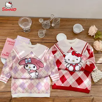 Kawaii Sanrio Hello Kitty My Melody Kız Örme Elbise Takım Elbise Karikatür Kız Sonbahar Kış Prenses elbise seti Çocuk Giysileri