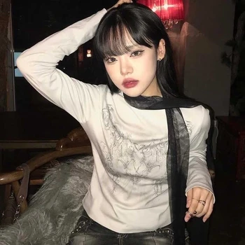 Kore Retro O-Boyun Dövme Baskı uzun kollu tişört Kadın 2022 Sonbahar ve Kış Streetwear Sıkıntılı Tüm Maç Casual Tops