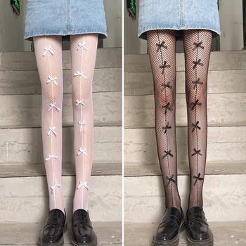 Gotik Japonya Tarzı Kadın Tayt Seksi Mesh balık ağı külotlu çorap Beyaz Siyah Tatlı Kız Lolita Kawaii Sevimli Yay Uyluk Yüksek Çorap