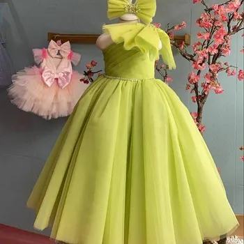 Basit Boncuklu Çiçek Kız Elbise Balo Bir Omuz Tül Yay Lilttle Çocuklar Doğum Günü Pageant Weddding Çocuklar Customes