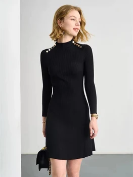 Sonbahar Yeni Fransız Vintage siyah elbise Kadın Ince Bel Uzun Kollu Yarım Balıkçı Yaka Bayanlar Örme Elbise Ofis kadın eteği Elbise