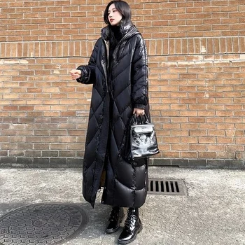 2023 Trend kadın Kış s Süper Uzun Aşağı Kadın Parlak Siyah Kalınlaşmış Kapşonlu Kabarık Ceket Ceket Bayanlar FCY