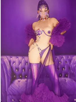 Mor Renk Ruffles Kadınlar Uzun Kollu Seksi Bodycon Tulum Performans Kostüm Pelerin Bar Dansçı Gösterisi Sahne Giyim