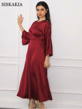 Siskakia Saten Elbise Kadınlar için 2021 Yeni Dubai Türkiye Arapça Umman Abaya Elbise Mütevazı Müslüman Kendinden Kuşaklı Elbise Bordo Gri Pembe