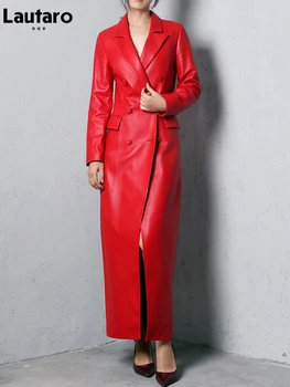 Lautaro İlkbahar Sonbahar Ekstra Uzun Kırmızı Yumuşak Suni Deri Trençkot Kadın Kruvaze Lüks Zarif İngiliz Moda 2022