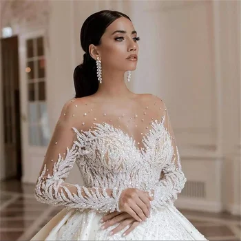 Lüks Arapça Dubai Boncuk Kristaller Balo gelinlik 2022 Vestido de Noiva Yumuşak Tül Uzun Kollu Düğün gelinlikler