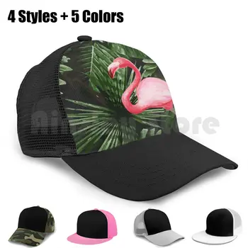 Tropikal Flamingo Ve Çiçek Palmiye Ağacı Yaprakları Yeşil Siyah beyzbol şapkası Unisex Örgü Rahat Baskı Ayarlanabilir Tropikal Yağmur Ormanı