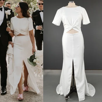 Kılıf Dantelli Krep Kırpma Üst düğün elbisesi Basit Custom Made Saten Fırça Tren Yüksek Bölünmüş Kısa Kollu Minimal gelinlikler