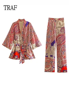 TRAF İki Parçalı Setleri Kadın Gömlek 2022 Vintage Baskı Kimono Üst Kadın Giyim Moda Kemer Uzun Kollu Üst + Yüksek Bel Pantolon Seti