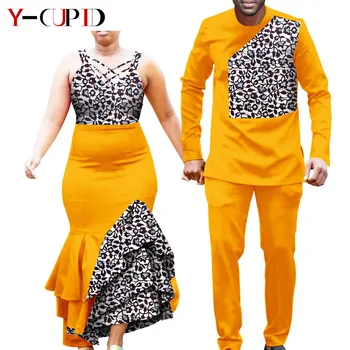 Afrika Giysileri Çift Baskı Maxi Uzun Elbiseler Kadınlar için Dashiki Kıyafetler Gömlek ve Pantolon 2 Parça Setleri Erkekler için Parti YA21C05