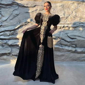 Laxsesu Siyah Kadife Fas Kaftan Abiye Altın Aplikler Kısa Kollu balo kıyafetleri 2022 Dubai Gelin kıyafeti De Fiesta