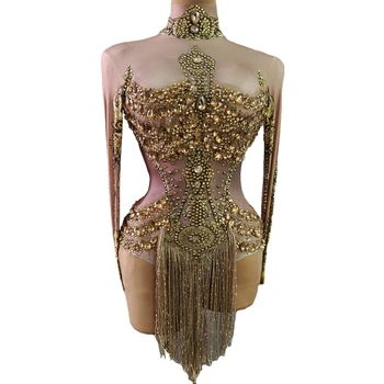 Sparkly Altın Kristaller Saçaklar Leotard Kadınlar Rhinestones Performans dans kostümü Sahne Giyim Kulübü Kıyafet Seksi Püskül Bodysuit