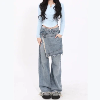 Feiernan Vintage Kadınlar Pantolon Y2k Patchwork Düşük Bel Kot Kot Mavi Tam Boy Eklenmiş Boy Geniş Bacak Dipleri