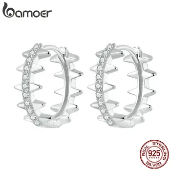 Bamoer 925 Ayar Gümüş Perçin Kulak Tokaları Açacağı ayar CZ Parlak Hoop Küpe Kadınlar için Orijinal Tasarım Takı BSE770
