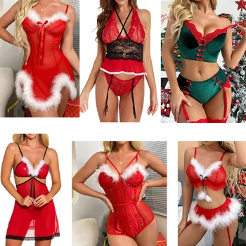2023 YENİ Peluş kadın Seksi Santa Noel iç çamaşırı seti Babydoll Dantel Chemises Pijama