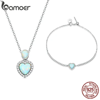 Bamoer Moda 925 Ayar Gümüş Temizle Opal Kalp Şeklinde Bilezik ve Kolye Kadınlar için Gümüş takı seti Hediye