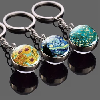 Metal Anahtarlık Van Gogh Yıldızlı Gökyüzü Sanat Yağlıboya Hatıra Araba Anahtarı halka kolye Yaratıcı cam küre Takı
