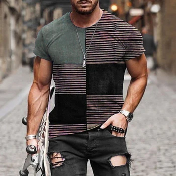 Yaz yeni moda trendi erkek çizgili tişört renk eşleştirme gevşek kısa kollu yuvarlak boyun artı boyutu erkek rahat gömlek