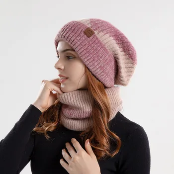 Kış Degrade Renk Örme Eşarp şapka seti Kalın Sıcak Skullies bere şapkalar Kadınlar için Açık Kar Sürme Kayak Kaput Kapaklar Kız