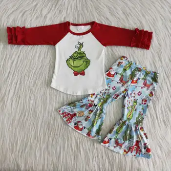 Santa kızak yeşil canavar kız kıyafeti kış uzun kollu elbise bebek çan alt moda 2 adet setleri