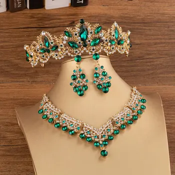 Barok Retro Yeşil Kristal gelin takı seti s Rhinestone Tiaras Taç Saplama Küpe Kolye Düğün Dubai moda takı seti