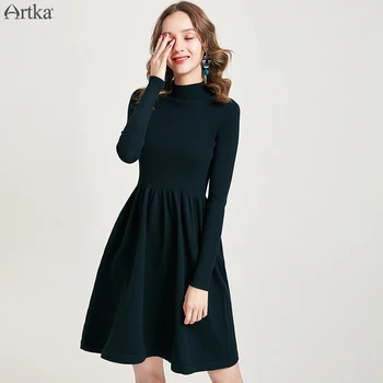 ARTKA 2019 Sonbahar Kış Yeni Kadın Elbise Zarif Düz Renk Yün Örme Elbiseler Balıkçı Yaka Uzun Kollu Elbise Kadın LB15099Q