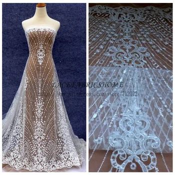 La Belleza üzerinde shining sequins ile Yeni moda stil kapalı beyaz rayon netleştirme işlemeli düğün / gelinler elbise dantel kumaş