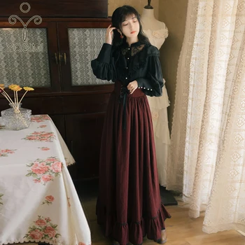 YOSIMI Gotik İki Parçalı Kıyafetler 2022 Sonbahar Siyah Uzun Kollu Bluz Üst Bandaj Çizgili Etek ve Üst Set Takım Elbise Dantel Gömlek Kadın
