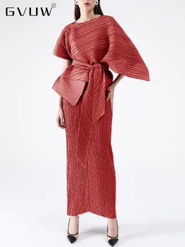 GVUW Kadın Pilili Düzensiz Midi Elbise 2023 Yaz Festivali Parti Giyim Kare Boyun Kolsuz Düz Renk Kadın 17D519