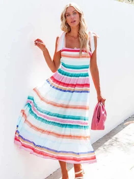 Jastie Rahat Kayış Uzun Elbise Renkli Çizgili Yüksek Bel Pilili Elbiseler Kadın Sıcak Yaz Tatil Plaj Elbiseleri Vestidos