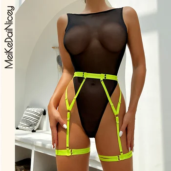 MeiKeDai Şeffaf Dantel Bodysuits Tek Parça Crotchless İç Çamaşırı Bodycon Kolsuz Çıplak Seksi Kostüm Şeffaf Üst Jartiyer