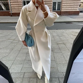 2022 Kış Zarif Katı Yün Palto Kadınlar Moda Uzun Kollu Yaka Tek göğüslü Ceket Bayan Rahat Kore Gevşek Uzun Palto