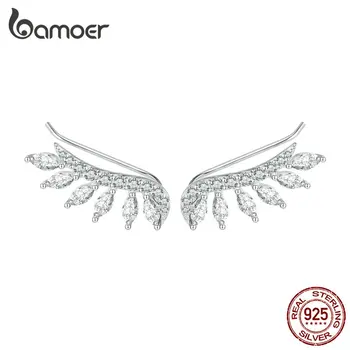 Bamoer 925 Ayar Gümüş Shining Uzun Tüy Saplama Küpe Küçük Kolye Küpe Kadınlar için Orijinal Tasarım Takı BSE780