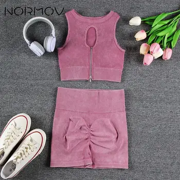 NORMOV Yoga Seti Dikişsiz Fermuar fitness şortu Şınav İki Parçalı Setleri Bayan Outifits Kadın Koşu egzersiz kıyafetleri Kadınlar için