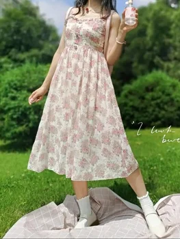 QWEEK Çiçek Kayma Elbise Kadınlar Tatlı Vintage Şifon Çiçek Baskı Fırfır Midi Elbiseler Rahat Tatil Tatil 2022 Yaz Elbiseler