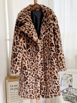 Yeni Moda Uzun Leopar Taklit Kürk Ceket Kadınlar İngiltere Tarzı Gevşek Vintage Kış Faux Kürk Ceket Kadın Streetwear