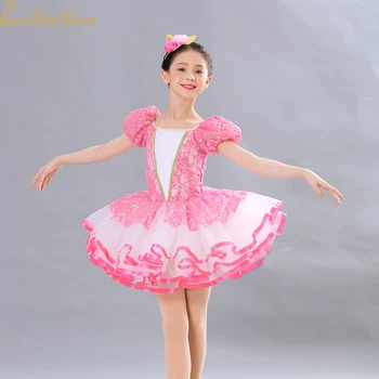 Kız Pembe Tutu Bale Elbise Prenses Elbise Profesyonel bale kostümü Kadın Kısa / uzun kollu Sequins Dans Elbise Çocuklar İçin