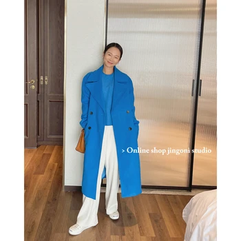 2022 Kadın Za Oem Mavi Yün Tüvit Uzun Boy Ağır trençkotlar Hırka Ceketler Giyim Kore Moda Üst Vintage Kış